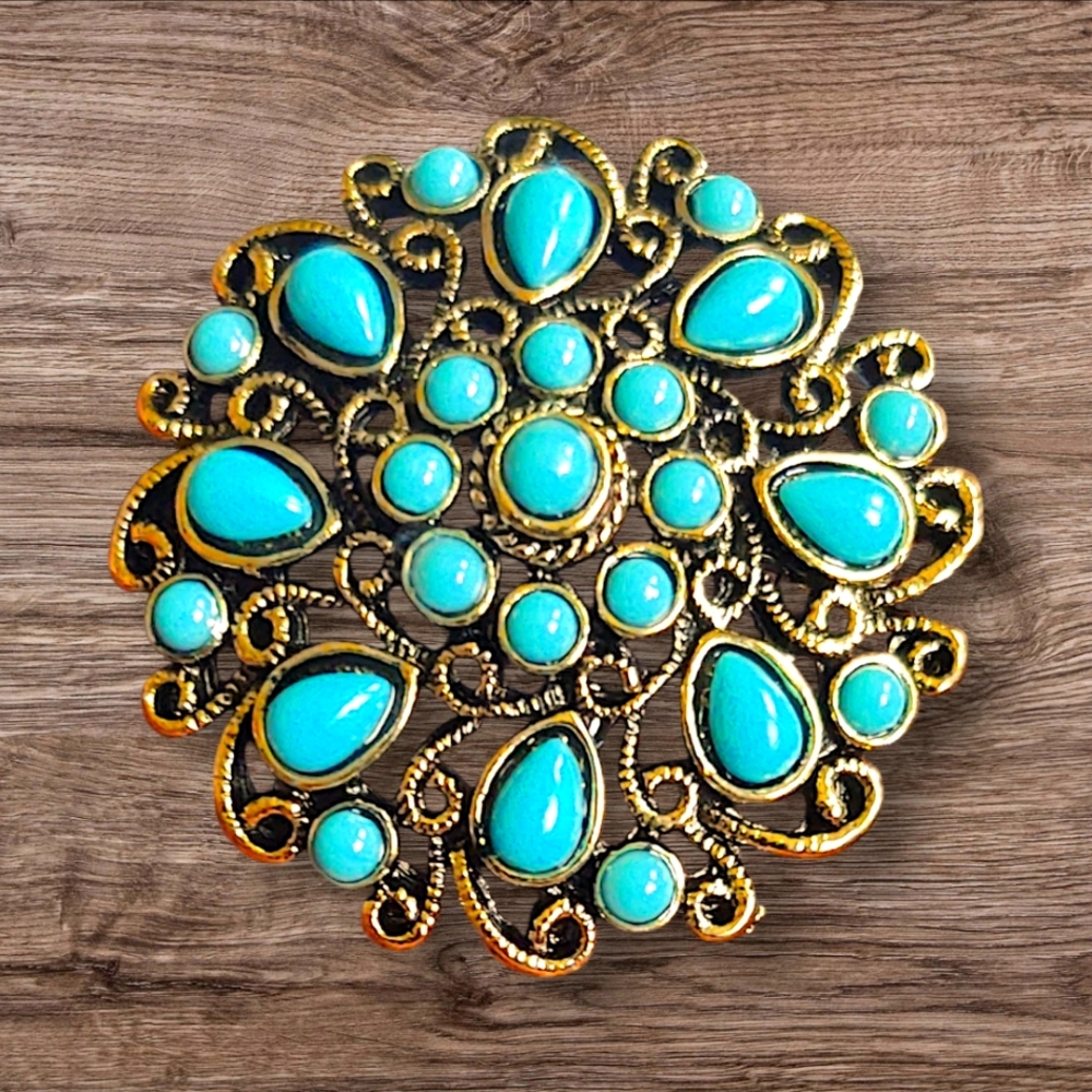 Turquoise Color Beaded Floral Brooch